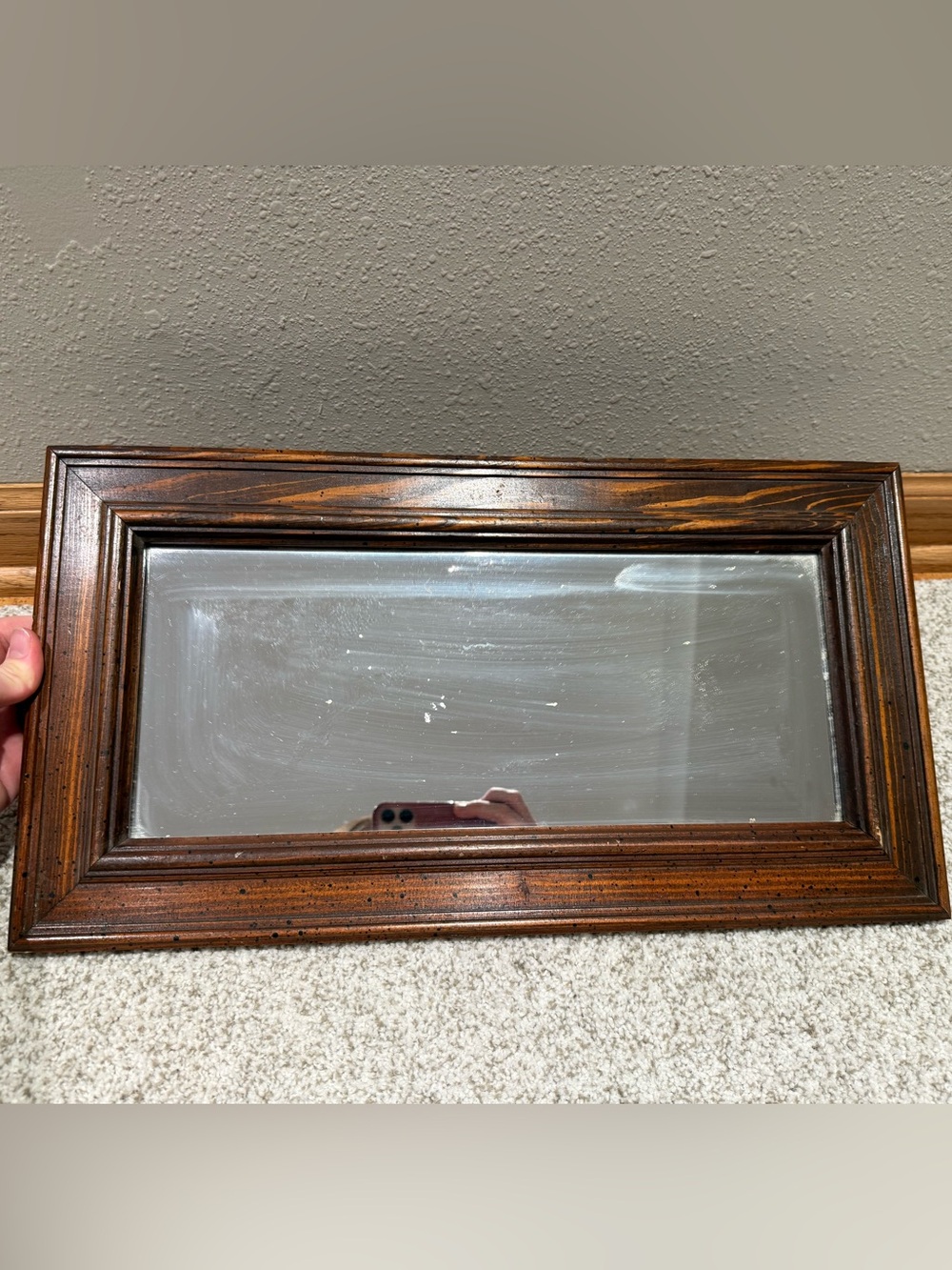 Vintage Dark Stained Solid Wood Rectangular Accent Wall Mirror Beveled Frame